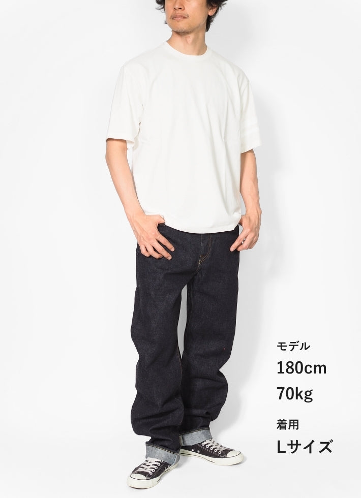 MOMOTARO JEANS 桃太郎ジーンズ Tシャツ 半袖 袖プリント二本線 日本製 (MXTS1035)