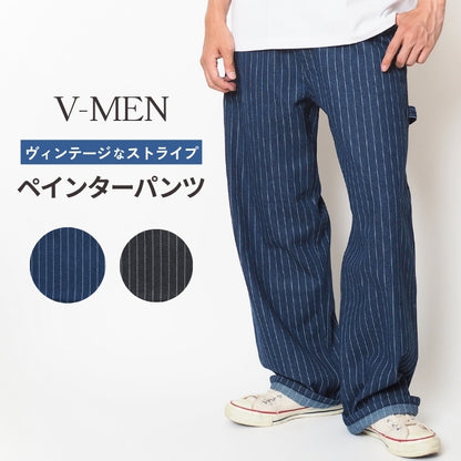 【セール24%OFF】ペインターパンツ メンズ デニム ストライプ ワイド ルーズ V-men (963445)